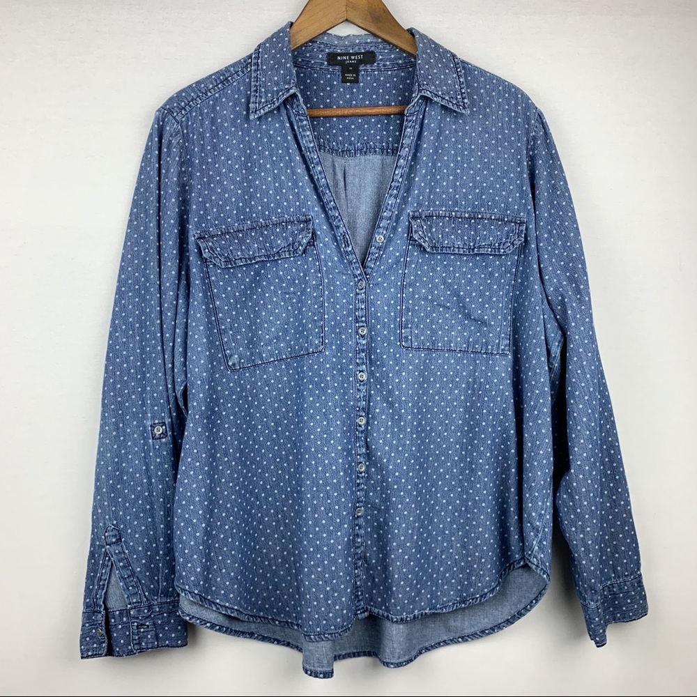 Nine West Polka Dot Denim V Neck Button Up Blouse